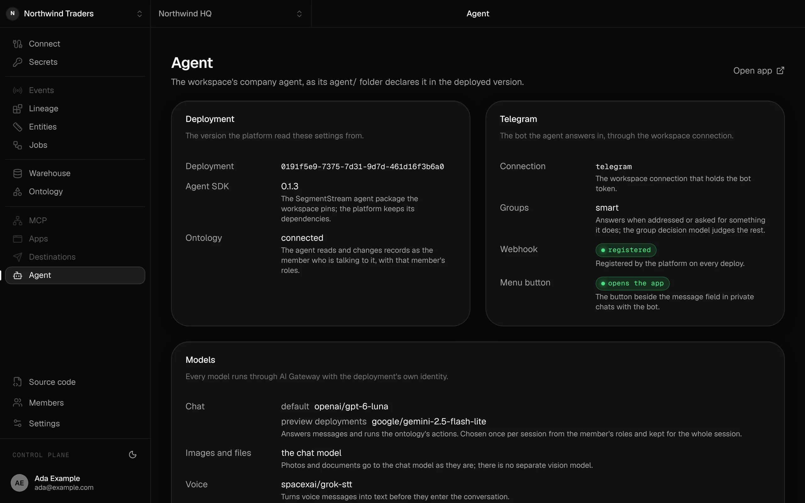 The console's agent page: the deployment it was read from, the Agent SDK version, the ontology connection, the Telegram connection with its group policy, registered webhook and menu button, and the models it uses