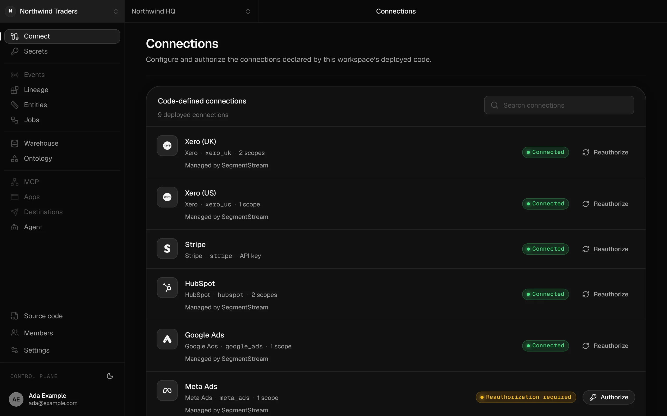The console's connections page: the workspace's connections declared in code, each with its status and an authorise or reauthorise button