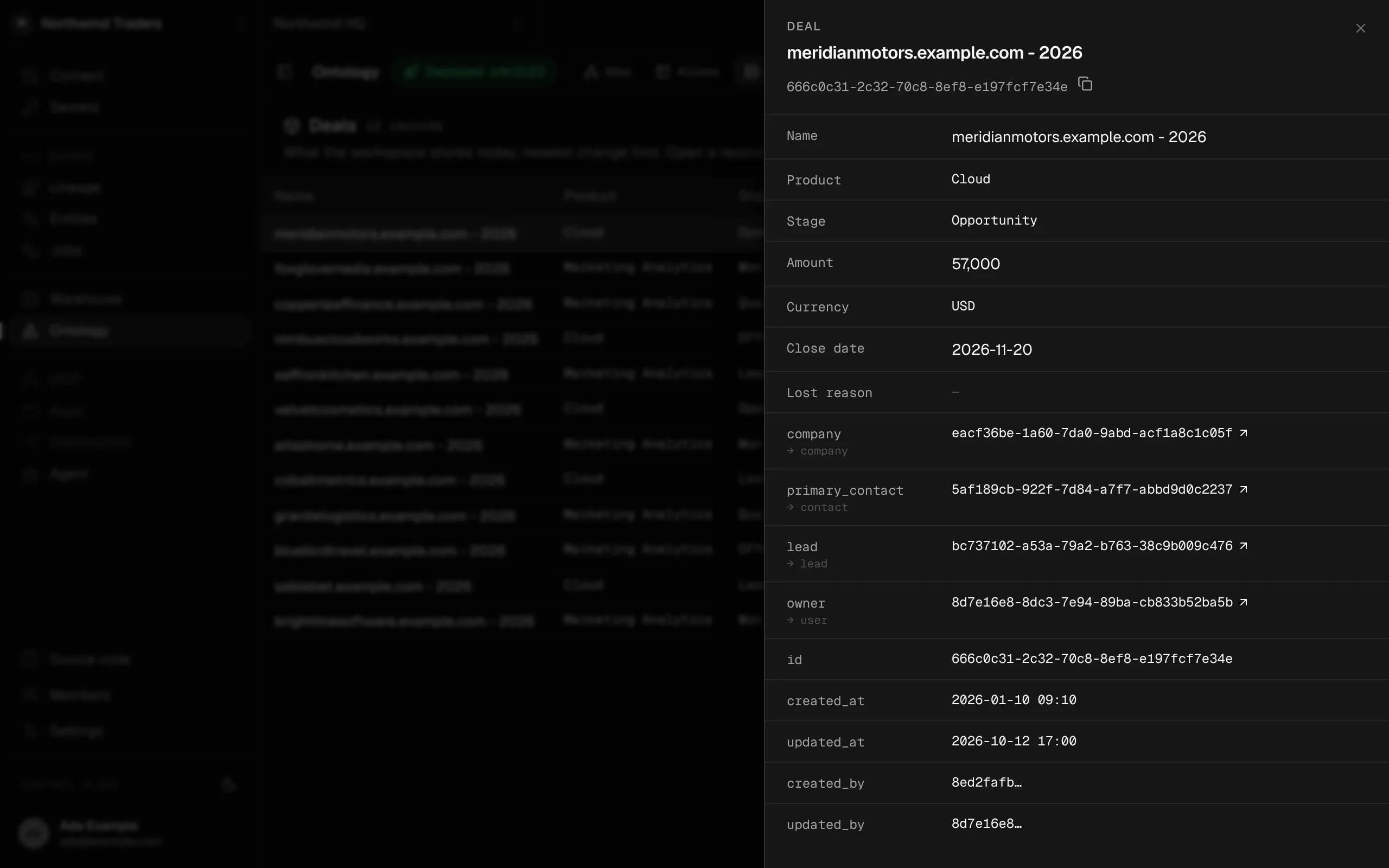 One deal record open in the console: name, product, stage, amount, currency and close date, its relationships to company, contact, lead and owner, and who created and last changed it