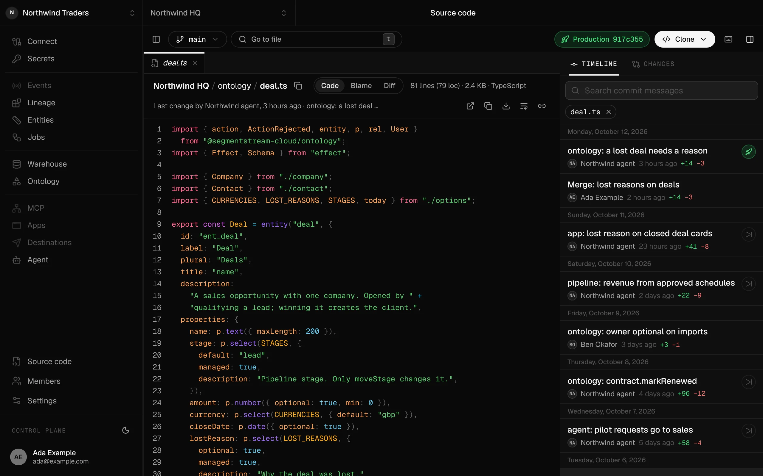 The console's source code page: ontology/deal.ts open on the main branch, with the production version, and a timeline of commits by the workspace's agent and by members