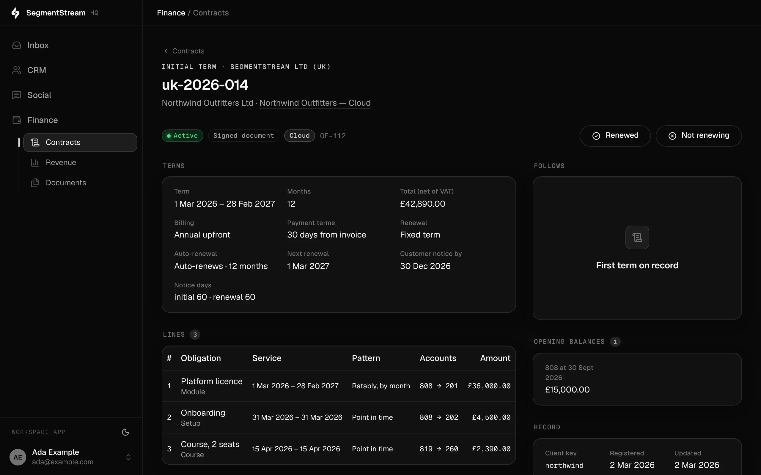 SegmentStream HQ, a contract: term, billing and renewal terms, three lines (platform licence recognised by month, onboarding and a course recognised at a point in time) and an opening balance