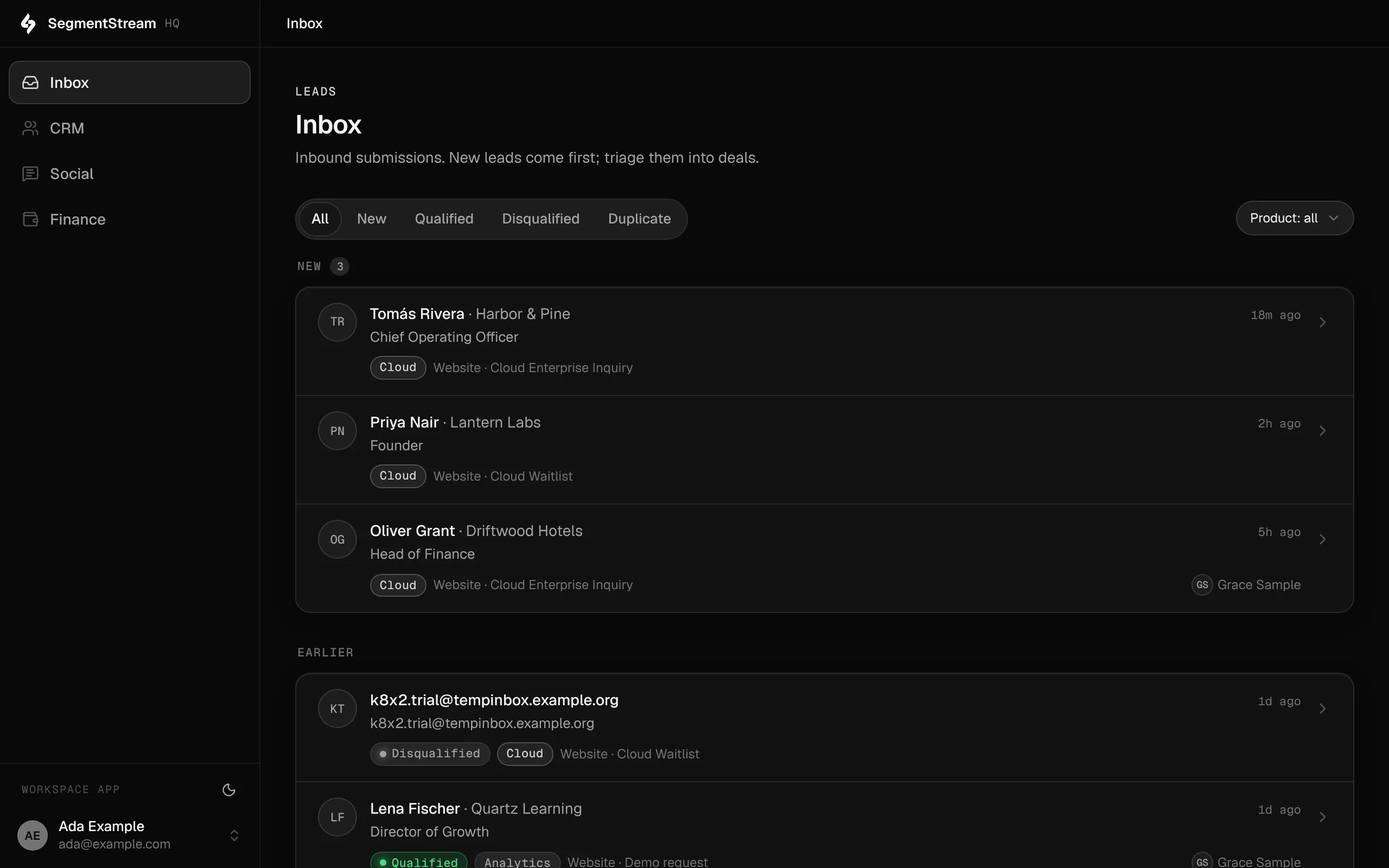 SegmentStream HQ, the leads inbox: three new Cloud requests from the website, then earlier leads marked disqualified or qualified, with the member who took each one