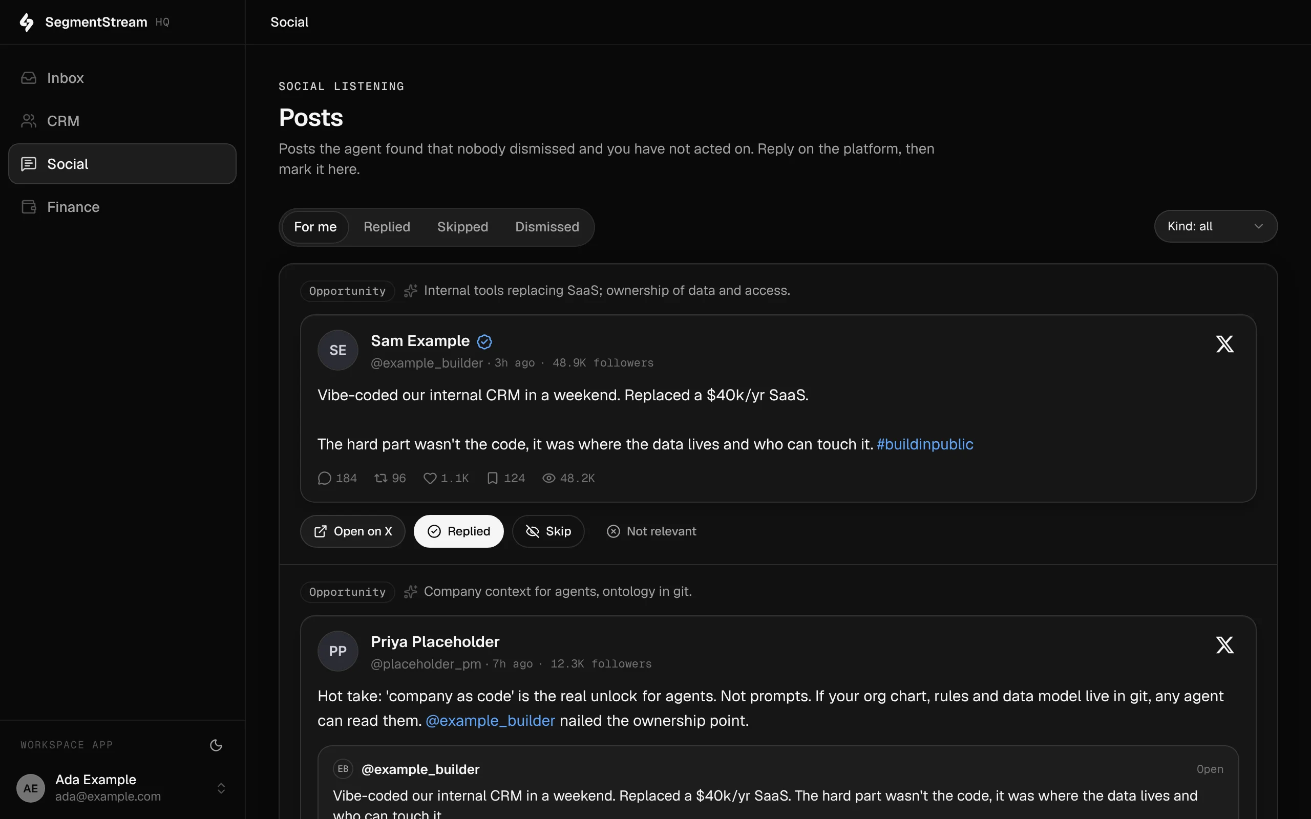 SegmentStream HQ, social listening: posts the agent found, each with why it matters and buttons to open, mark replied, skip or dismiss
