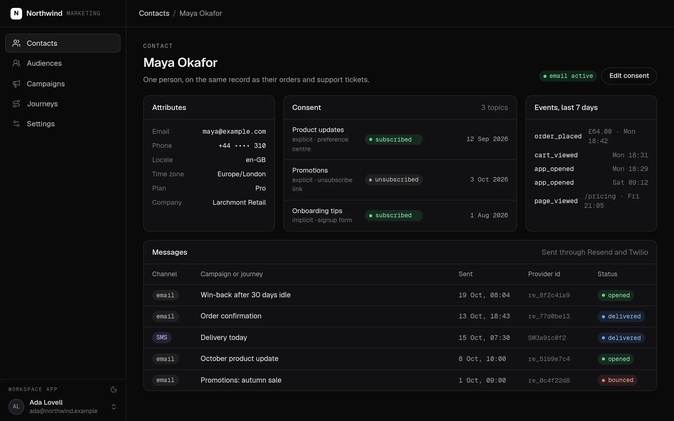 An engagement app's contact page for Maya Okafor: her attributes and company, email status active, consent per topic with explicit or implicit opt-in, date and source, her events of the last seven days, and the emails and texts she received with their provider ids and status