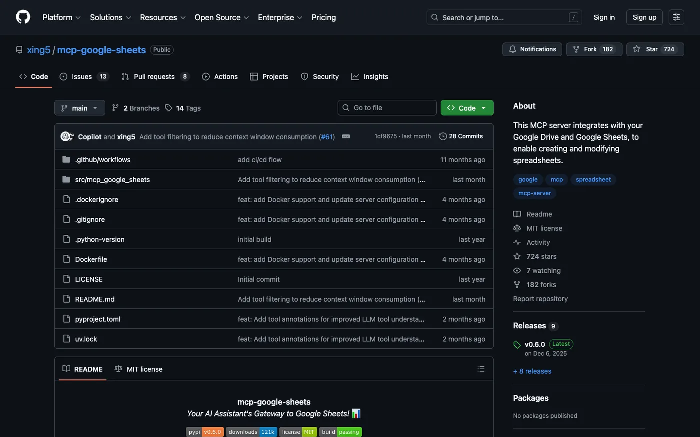 Google Sheets MCP server GitHub page